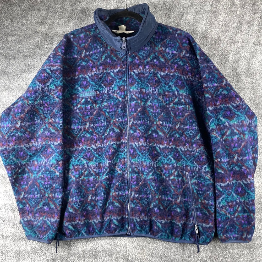 Vintage Columbia Fleece Jacket Mens 2XL Blue Art Ski Tribal Full Zip 90s USA